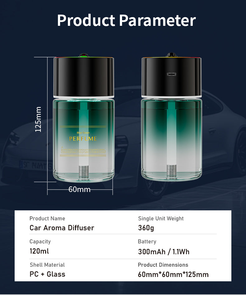 Diffuseur de parfum intelligent pour voiture – 120 ml – USB-C – Éclairage LED RGB