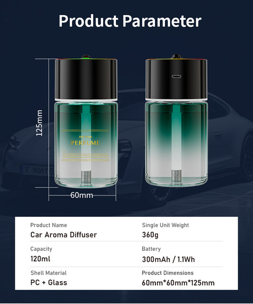 Diffuseur de parfum intelligent pour voiture – 120 ml – USB-C – Éclairage LED RGB